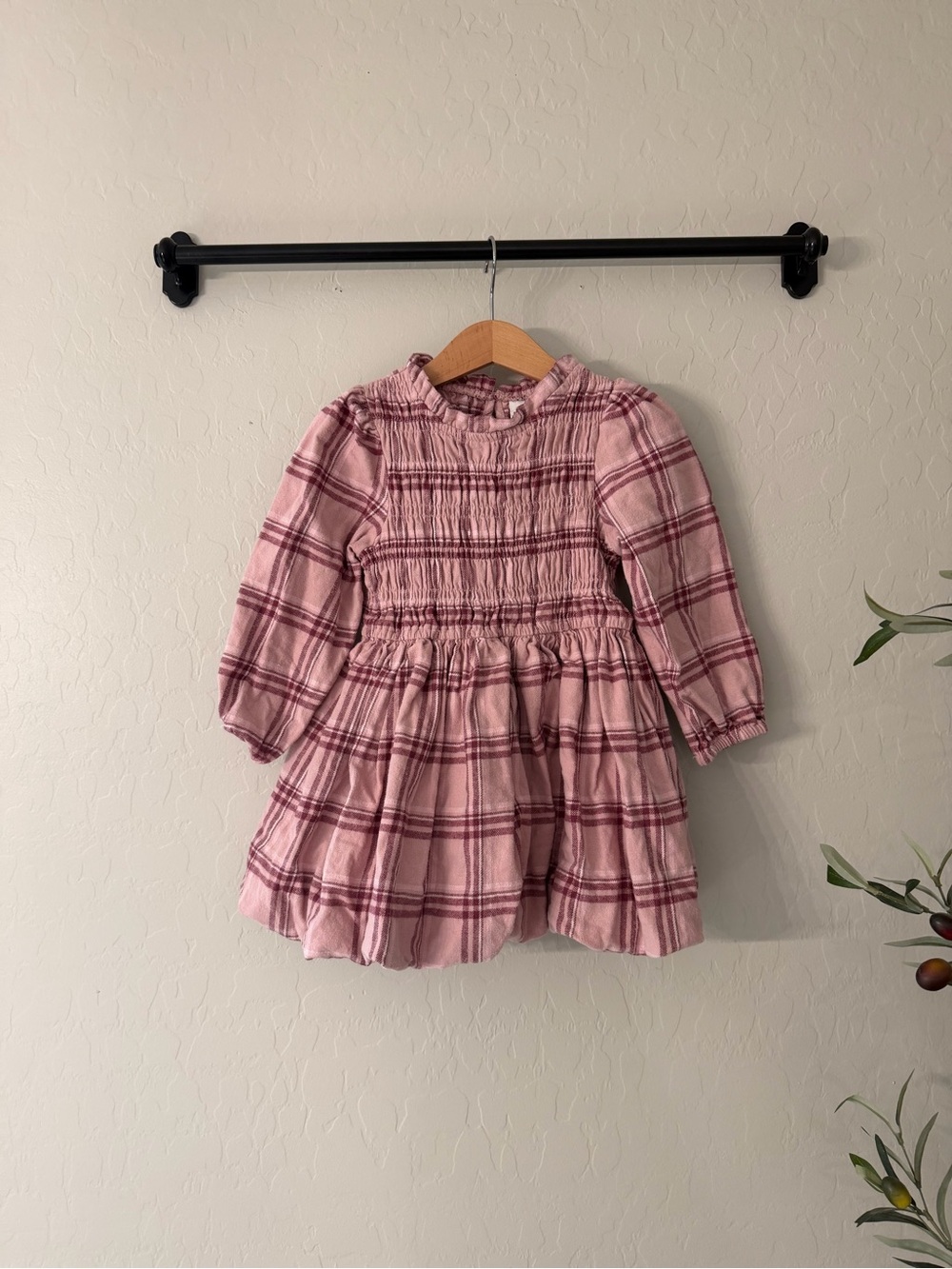 Cotton On Kids Pink Plaid Smocked Long-Sleeve Bubble Dress